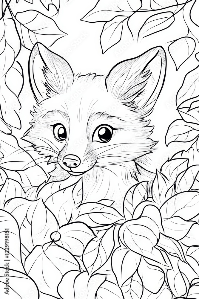 Obraz premium Adorable Fox in a Floral Setting . Children coloring page