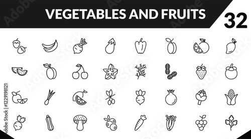 outline vegetables and fruits icons set. editable linear banana, beetroot, aubergine, and other 29 icons in this category isolated on transparent background.