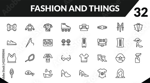 outline fashion and things icons set. editable linear skein, hawaiian, roller skater, and other 29 icons in this category isolated on transparent background.