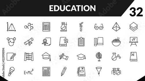 outline education icons set. editable linear chemical formula, adding hine, florence flask, and other 29 icons in this category isolated on transparent background.