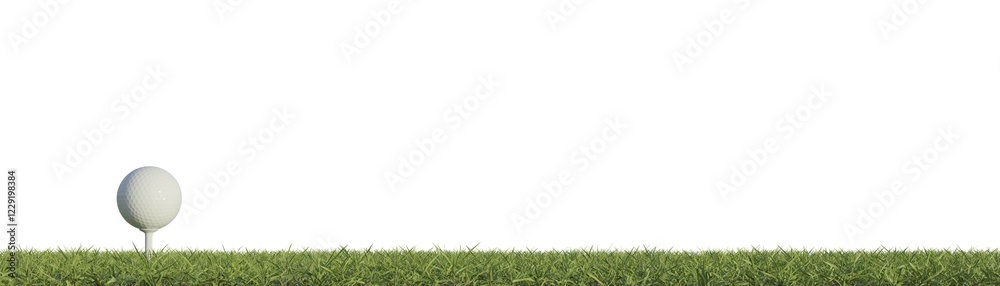 Golf ball on grass panorama background with space for your text, photo realistic 3d rendering Golf ball on grass panorama background with space for your text, photo realistic 3d rendering