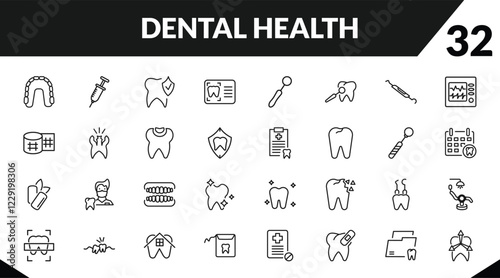 outline dental health icons set. editable linear empty syringe, prophylaxis, dental monitor, and other 29 icons in this category isolated on transparent background.