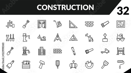 outline construction icons set. editable linear inclined shovel, doors open, trolley with cargo, and other 29 icons in this category isolated on transparent background.