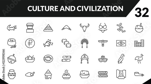 outline culture and civilization icons set. editable linear food stall, calumet, australian boomerang, and other 29 icons in this category isolated on transparent background.