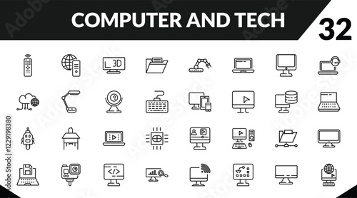 outline computer and tech icons set. editable linear internet server, 3d screen, computer folder, and other 29 icons in this category isolated on transparent background.