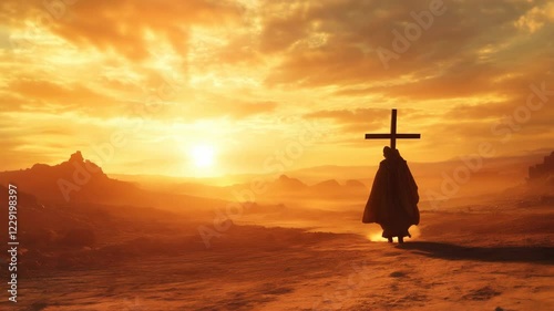 A solitary figure in a robe carries a cross at sunrise across a desolate, barren landscape