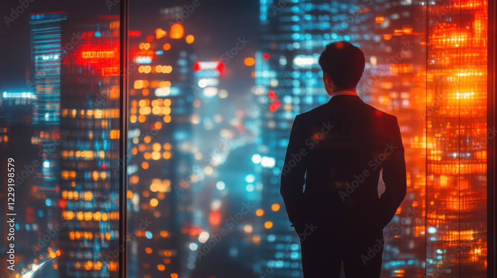 custom made wallpaper toronto digitalman in suit stands by window, gazing at vibrant city skyline illuminated by colorful lights. scene conveys sense of contemplation and ambition
