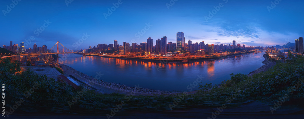 Fototapeta premium A night view of a modern city, with tall buildings and bright lights. In the center of the picture is a towering skyscraper