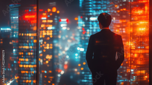 Wallpaper Mural man in suit stands by window, gazing at vibrant city skyline illuminated by colorful lights. scene conveys sense of contemplation and ambition Torontodigital.ca