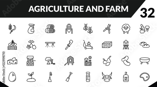 outline agriculture and farm icons set. editable linear sprayer, hay roll, silo, and other 29 icons in this category isolated on transparent background.