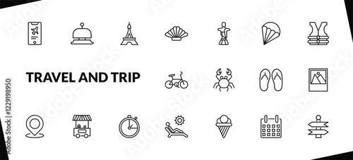 outline travel and trip icons set. editable linear hotel bell, eiffel tower, shell, and other 15 icons in this category isolated on transparent background.