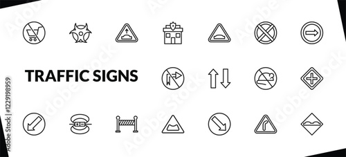 outline traffic signs icons set. editable linear biological hazard, hump, police station, and other 15 icons in this category isolated on transparent background.