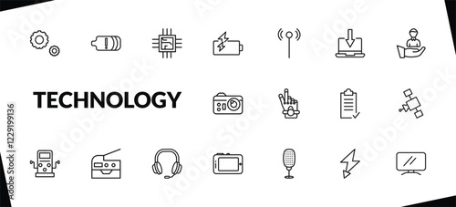 outline technology icons set. editable linear battery with two bars, big chip, battery power, and other 15 icons in this category isolated on transparent background.