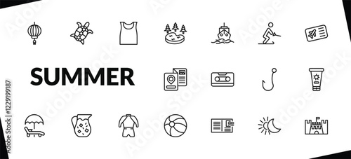 outline summer icons set. editable linear sea turtle, sleeveless, lake, and other 15 icons in this category isolated on transparent background.