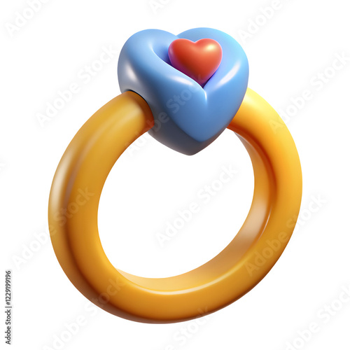 3D Render of Heart Engagement Ring Emoji  - A 3D-rendered gold ring with a blue heart-shaped gemstone and a red heart accent, symbolizing love, romance, and commitment. Perfect for proposals and weddi photo