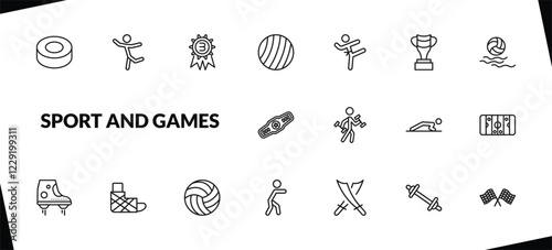 outline sport and games icons set. editable linear dancer motion, third, exercise ball, and other 15 icons in this category isolated on transparent background.