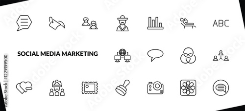 outline social media marketing icons set. editable linear fill, avatars, mexican man, and other 15 icons in this category isolated on transparent background.