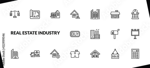 outline real estate industry icons set. editable linear blueprint, modern house, agent, and other 15 icons in this category isolated on transparent background.