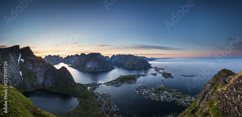 View from Reinebringen, Reinebriggen, 442m, midnight sun, towards Hamnoy, Reine and Reinefjord with mountains, Moskenes, Moskenesøy, Lofoten, Norway, Europe photo