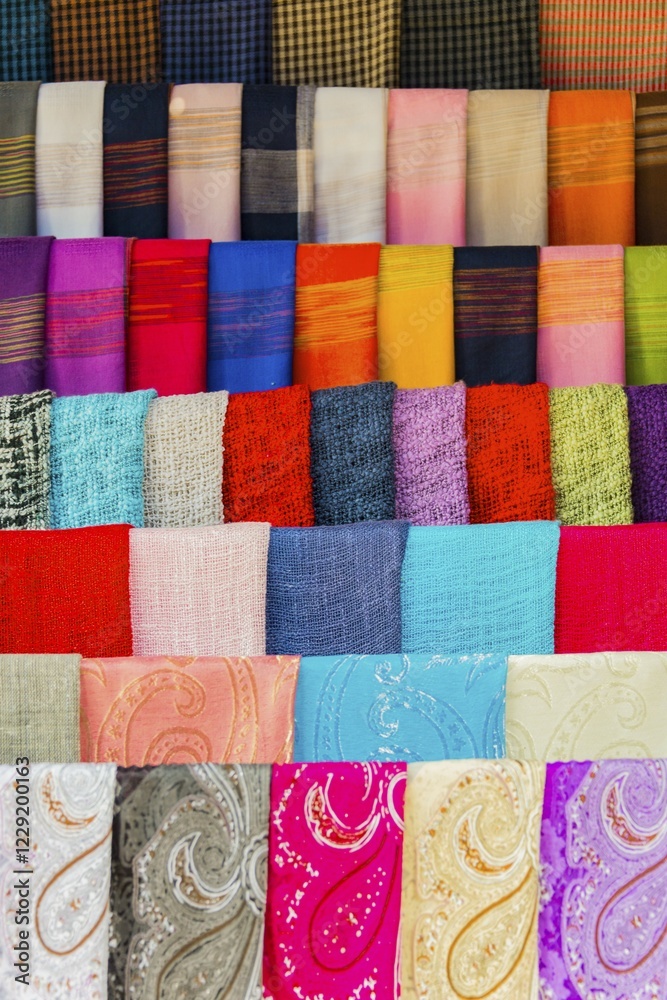 Strung colorful fabrics, Sang Ha, Louangphabang Province, Laos, Asia Strung colorful fabrics, Sang Ha, Louangphabang Province, Laos, Asia