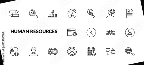 outline human resources icons set. editable linear analysis, company structure, 12 hours, and other 15 icons in this category isolated on transparent background.