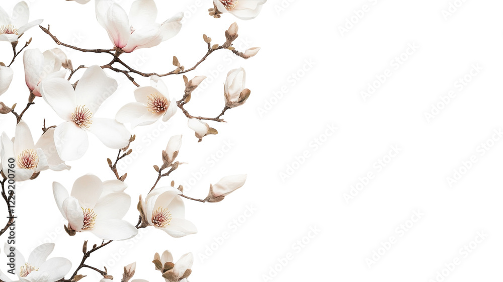 Beautiful white magnolia flowers in bloom showcasing delicate petals against a light backdrop Beautiful white magnolia flowers in bloom showcasing delicate petals against a light backdrop