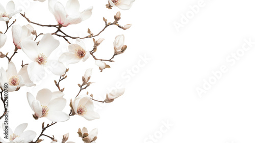 Beautiful white magnolia flowers in bloom showcasing delicate petals against a light backdrop