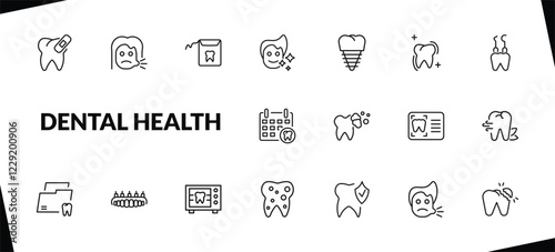 outline dental health icons set. editable linear sick girl, dental floss, healthy boy, and other 15 icons in this category isolated on transparent background.