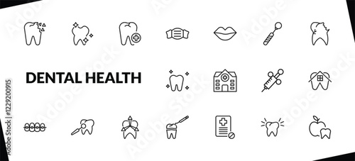 outline dental health icons set. editable linear shiny tooth, aid, dentist mask, and other 15 icons in this category isolated on transparent background.