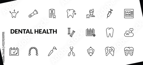 outline dental health icons set. editable linear scraping, medical list, tooth whitening, and other 15 icons in this category isolated on transparent background.