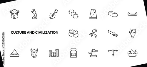 outline culture and civilization icons set. editable linear nefertiti, kora, ajotomate, and other 15 icons in this category isolated on transparent background.