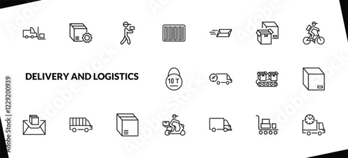 outline delivery and logistics icons set. editable linear delivery tings, courier, bar code, and other 15 icons in this category isolated on transparent background.