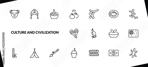 outline culture and civilization icons set. editable linear kokoshnik, crema catalana, dumplings, and other 15 icons in this category isolated on transparent background.