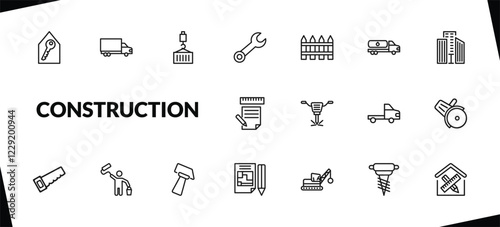 outline construction icons set. editable linear truck with freight, derrick with load, round wrench, and other 15 icons in this category isolated on transparent background.