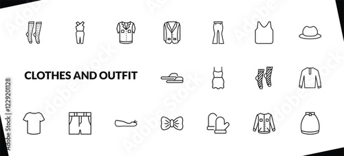 outline clothes and outfit icons set. editable linear jumpsuit, denim shirt, oxford wave blazer, and other 15 icons in this category isolated on transparent background.