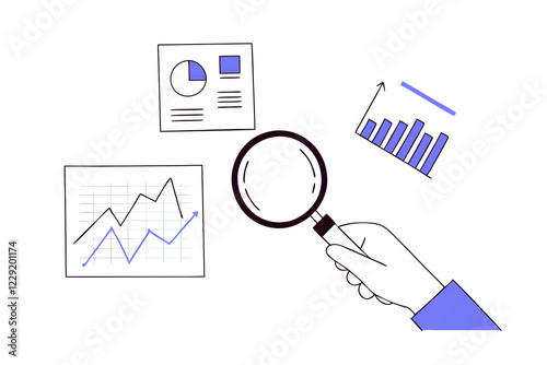 trend analysis marketing and sales information, analyze or predict trend line or profit, business forecast report concept, businessman analyst analyze trend graph and chart with magnifying glass. photo