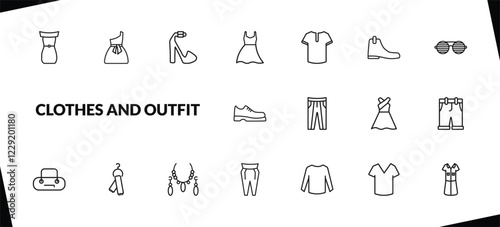 outline clothes and outfit icons set. editable linear one shoulder dress, platform sandals, long bandeau dress, and other 15 icons in this category isolated on transparent background.