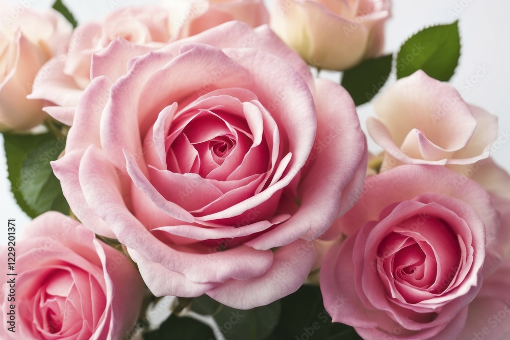Bouquet of pink roses with soft petals and green leaves in close-up, AI generated Bouquet of pink roses with soft petals and green leaves in close-up, AI generated