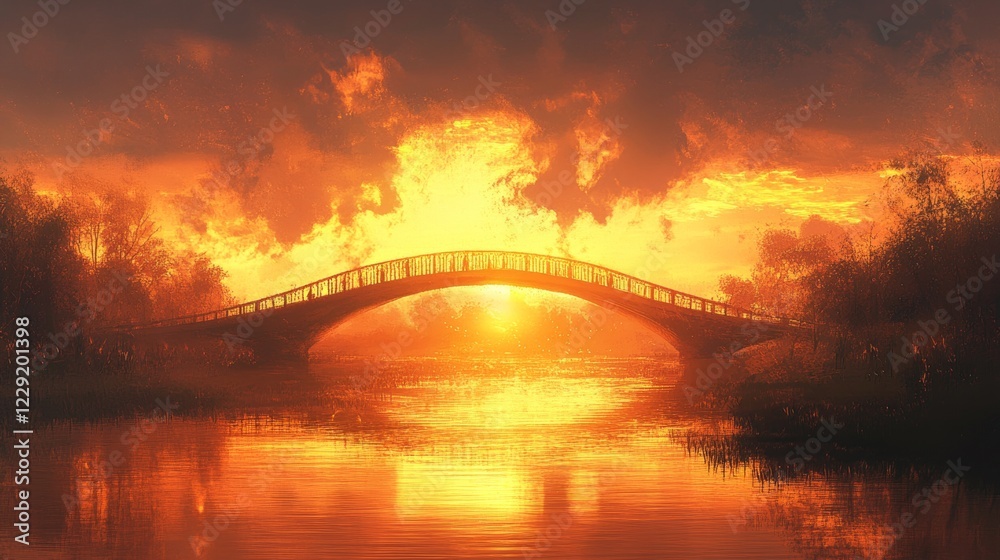 Fototapeta premium A breathtaking sunset casts vibrant hues over a tranquil river, with a graceful bridge framing the scene, embodying the calm and beauty of nature.