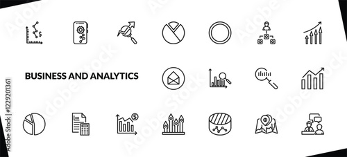 outline business and analytics icons set. editable linear mobile analytics, stock data analysis, graph pie, and other 15 icons in this category isolated on transparent background.