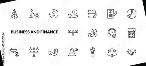 outline business and finance icons set. editable linear man carrying money, return of investment, pound coin on hands, and other 15 icons in this category isolated on transparent background.