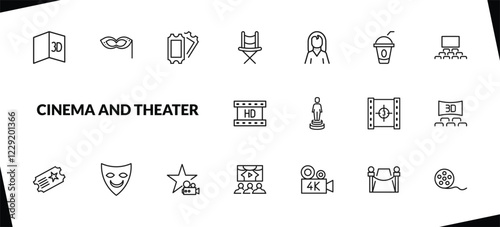 outline cinema and theater icons set. editable linear small carnival mask, two movie tickets, director film chair, and other 15 icons in this category isolated on transparent background.