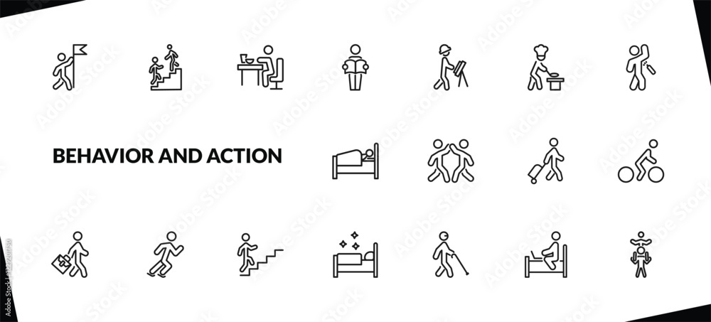 Fototapeta premium outline behavior and action icons set. editable linear helping a man to climb, man eating, man reading newspaper, and other 15 icons in this category isolated on transparent background.