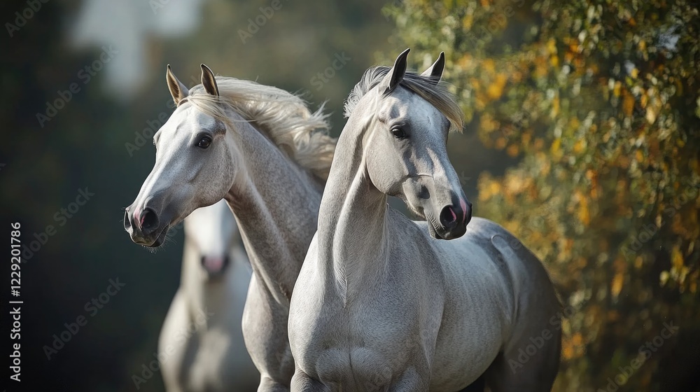 Obraz premium Two majestic white horses standing side by side