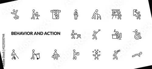outline behavior and action icons set. editable linear man doing pottery, man sleeping, fracture arm, and other 15 icons in this category isolated on transparent background.