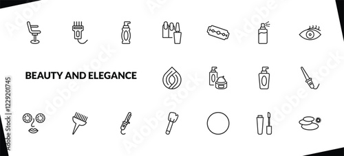 outline beauty and elegance icons set. editable linear hair clipper, face cleanser, manicure, and other 15 icons in this category isolated on transparent background.