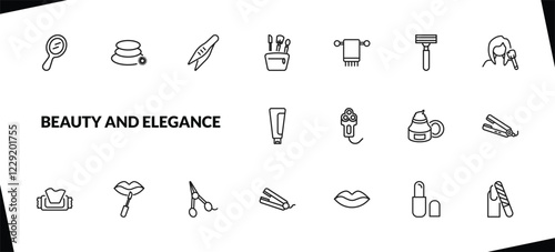 outline beauty and elegance icons set. editable linear massage, tweezers, little makeup box, and other 15 icons in this category isolated on transparent background.