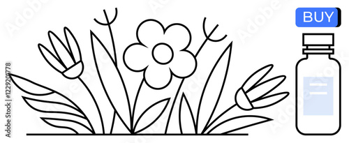 Line art of blooming flowers and leaves with a small essential oil bottle indicated by a blue BUY button. Ideal for natural products, aromatherapy, wellness, gardening, health, organic lifestyle