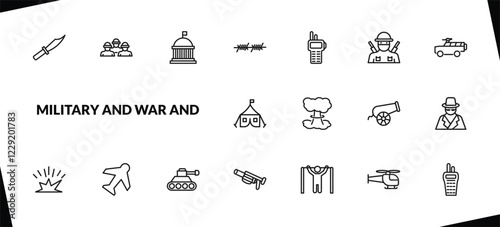 outline military and war and icons set. editable linear brigade, federal agency, barbed, and other 15 icons in this category isolated on transparent background.