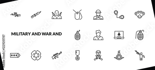 outline military and war and icons set. editable linear combat knife, guerrilla, dog tag, and other 15 icons in this category isolated on transparent background.